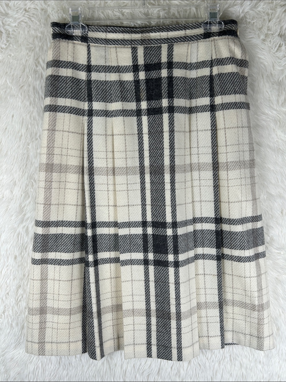 Vintage Hoberdashy Plaid Wool A-Line Midi Skirt in Cream and Black